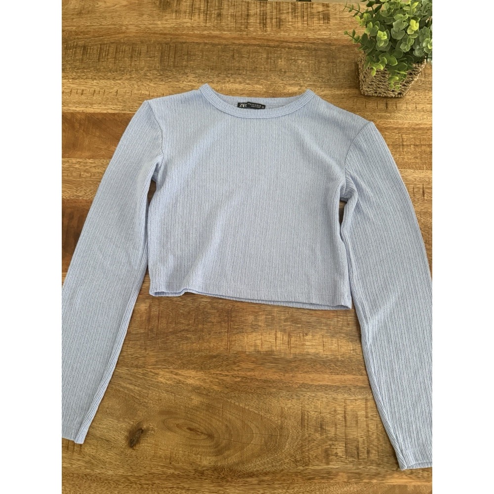 ZARA Womens Cropped Knit Sweater Size M Light Blue Ribbed Long Sleeve Minimalist
